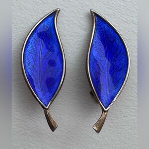Vintage Brd.B Brodrene Bjørklund Blue Enamel Leaf Earrings